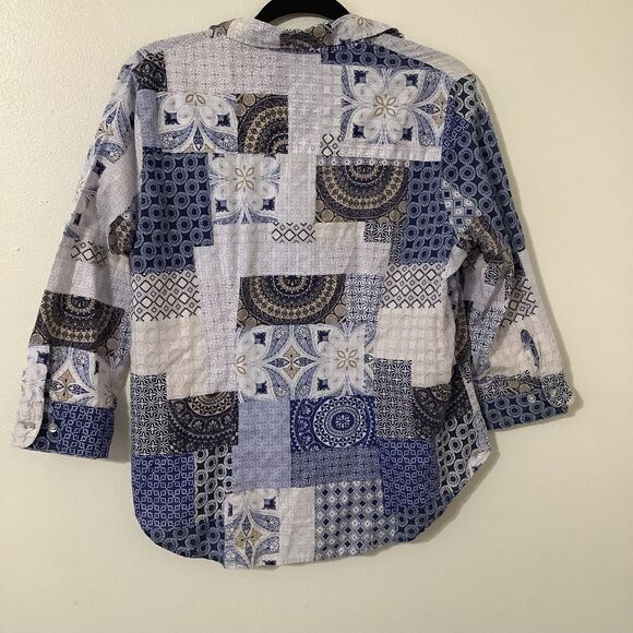 Blue Patchwork Western Cowboy Prairie Cottagecore Shabby Chic Button Up Shirt 14 - Picture 6 of 8